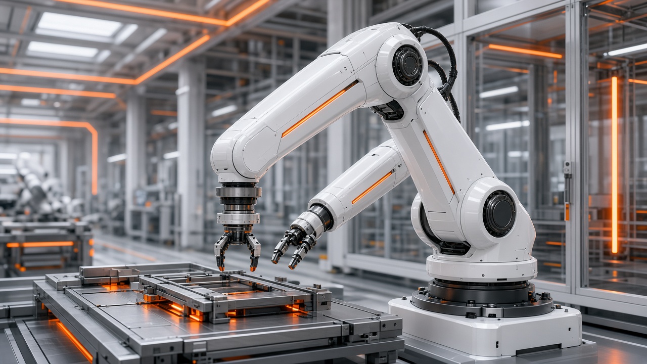 Sleek white industrial robotic arm in a clean futuristic factory with orange accent light, original AI tech wallpaper