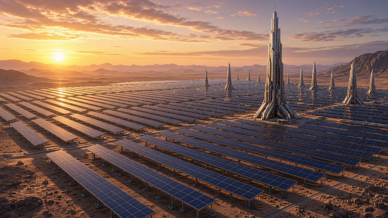 Vast futuristic solar panel farm in a desert with sleek towers at golden hour, original AI tech wallpaper