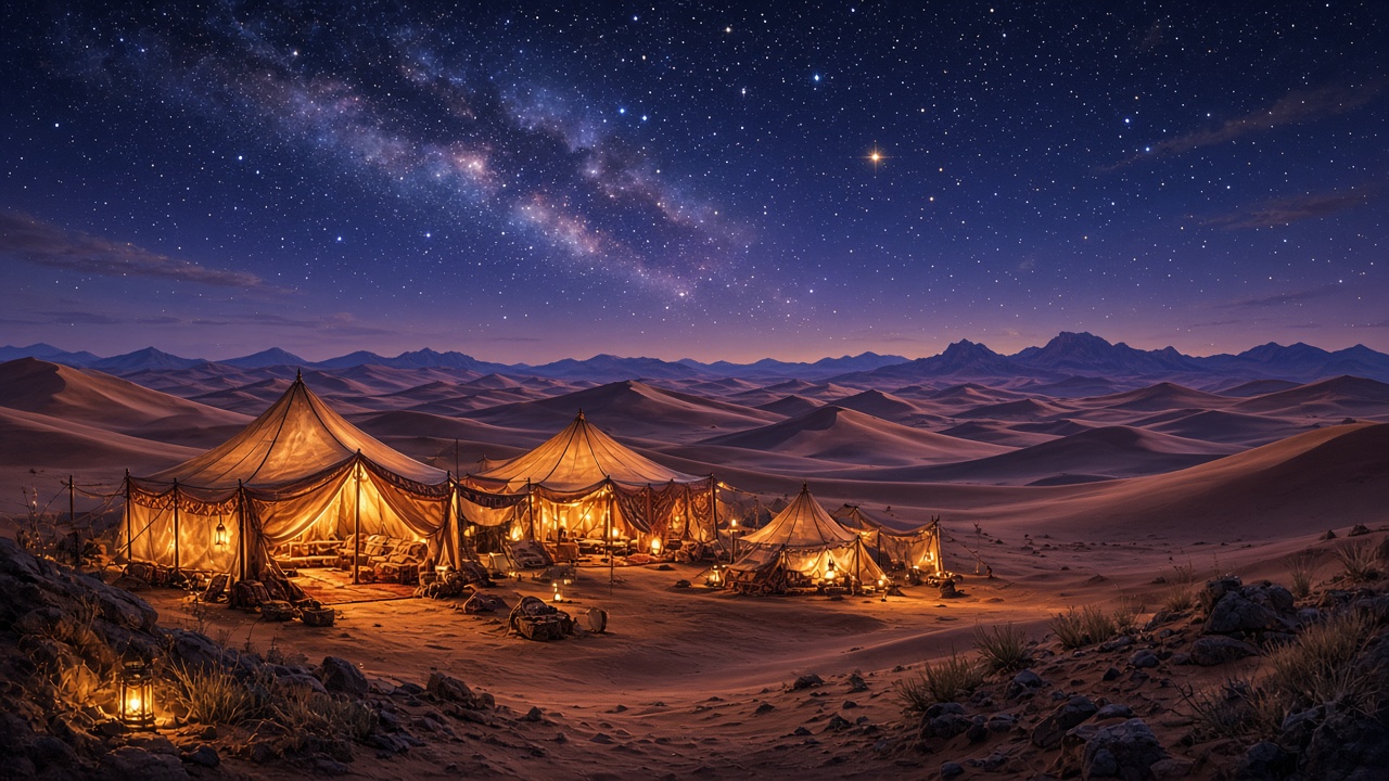 Cozy desert camp with glowing tents among sand dunes under a starry night sky, original AI travel wallpaper