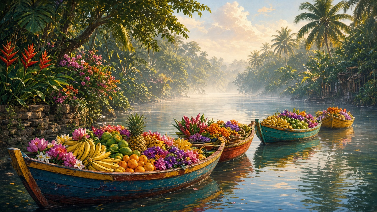 Colorful wooden boats loaded with tropical fruit and flowers on a calm river canal at morning, no people faces visible, original AI travel wallpaper