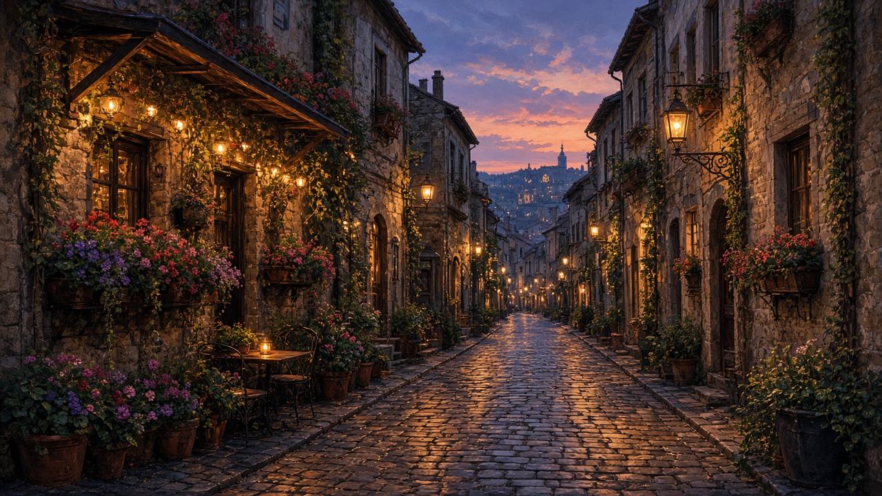 Cozy cobblestone old town street with flower boxes and warm cafe lights at dusk, no signs, original AI travel wallpaper