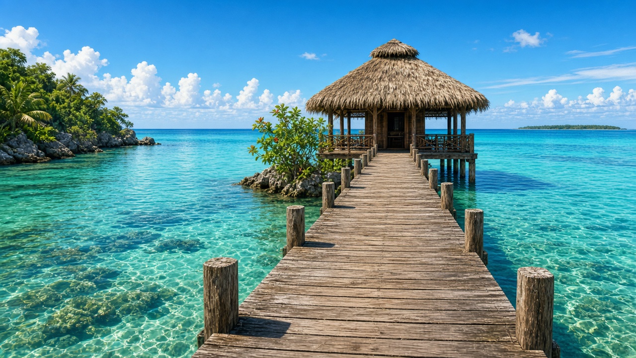 Long wooden pier leading to a thatched hut over clear turquoise water, original AI travel wallpaper