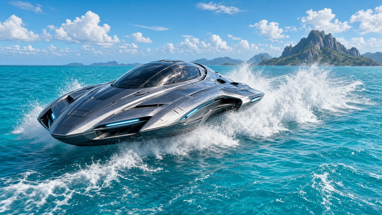 Sleek original futuristic hovercraft skimming over turquoise waves leaving spray trails, bright day, concept art, original AI vehicle wallpaper