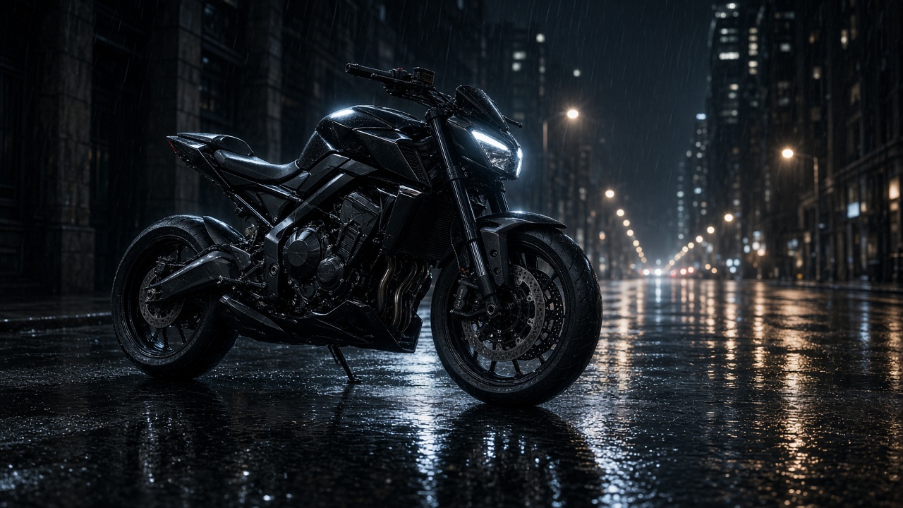 Original unbranded sport motorcycle parked on a wet city street at night, rim lights, no plates, original AI vehicle wallpaper