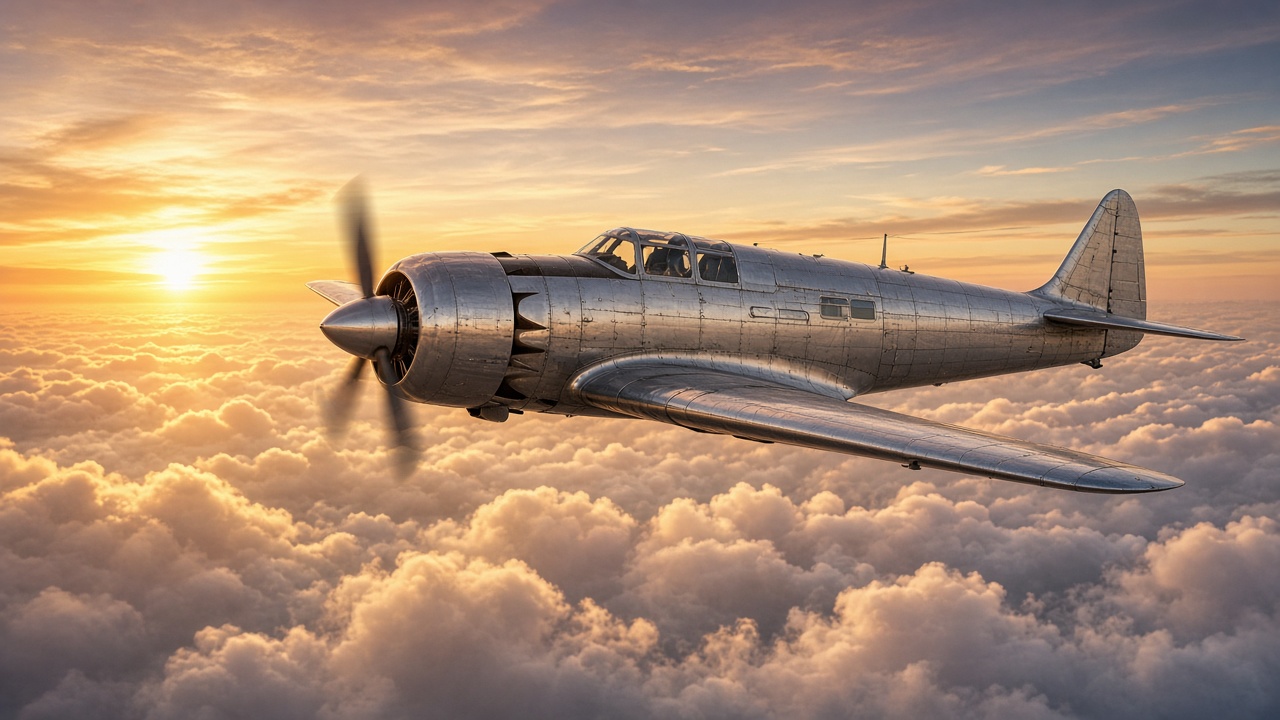 Unmarked silver vintage propeller airplane flying above fluffy golden clouds at sunrise, no insignia, original AI vehicle wallpaper