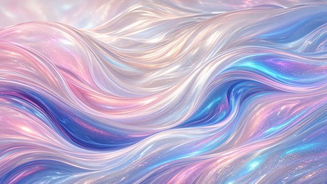 Smooth flowing holographic iridescent waves in pastel pink, blue and silver, original AI aesthetic wallpaper