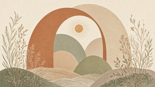 Minimal boho illustration of layered terracotta, beige and sage arches with a small sun, original AI aesthetic wallpaper