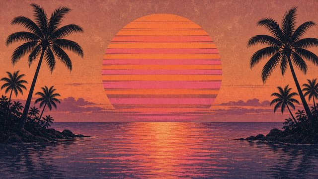 Retro aesthetic big striped orange and pink sun setting behind black palm tree silhouettes over calm water, original AI aesthetic wallpaper
