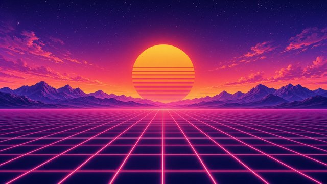 Retro synthwave sunset with a striped sun over a glowing pink grid floor and purple mountains, original AI aesthetic wallpaper