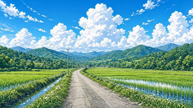 Anime style rural road through green rice fields under towering white summer cumulus clouds and a bright blue sky, original AI anime-style wallpaper