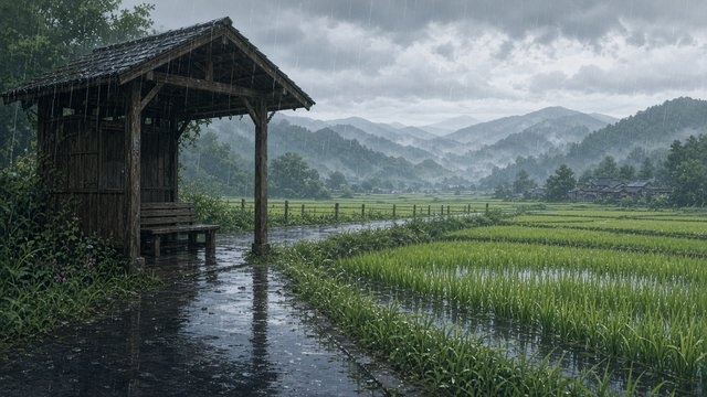 Anime-style lonely countryside bus stop shelter in gentle rain with green rice fields, original AI anime-style wallpaper