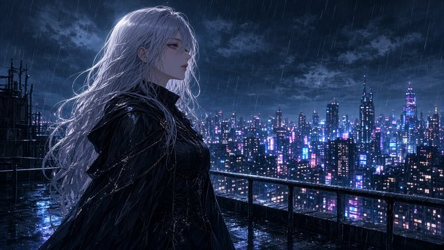 Anime-style illustration of an original adult woman with silver hair on a rainy rooftop above a neon city at night, original AI anime-style wallpaper