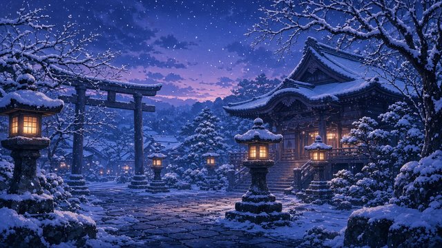 Anime style quiet snowy shrine courtyard with glowing stone lanterns at blue twilight, original AI anime-style wallpaper