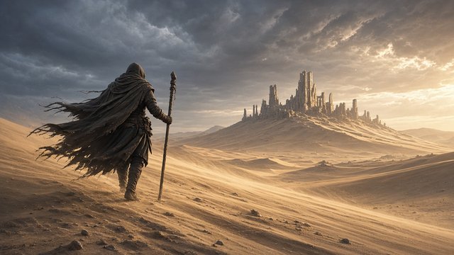 Original adult cloaked wanderer with a staff walking across windswept dunes toward distant ruins, cinematic character art, original AI character wallpaper