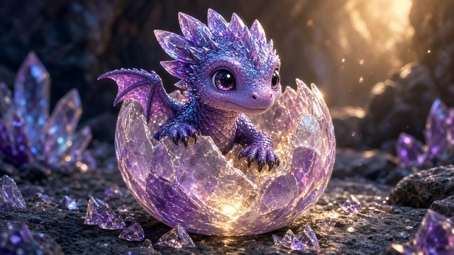 Original baby dragon with crystal scales hatching from a glowing egg, cute fantasy 3D render, original AI character wallpaper