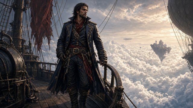 Original adult sky pirate captain with a long coat standing on the deck of a wooden airship above clouds, original AI character wallpaper