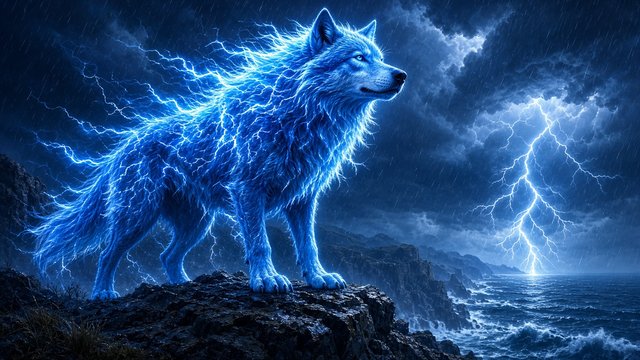 Original electric blue wolf creature with lightning crackling through its fur on a stormy cliff, original AI character wallpaper