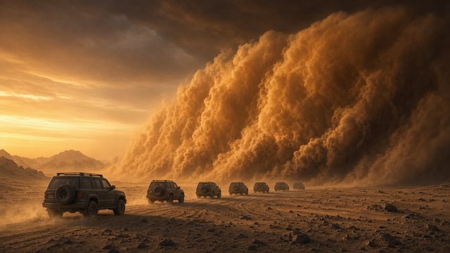 Line of unmarked rugged vehicles driving into a towering orange sandstorm wall, cinematic wide shot, original AI cinematic wallpaper