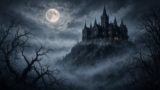 Old gothic mansion on a hill in thick fog under a full moon, bare trees, horror movie mood, original AI cinematic wallpaper