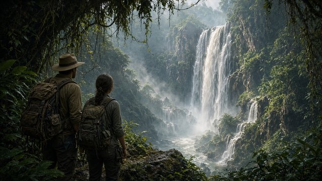 Adult explorers with backpacks discovering a giant hidden waterfall in a misty jungle, cinematic adventure, original AI cinematic wallpaper