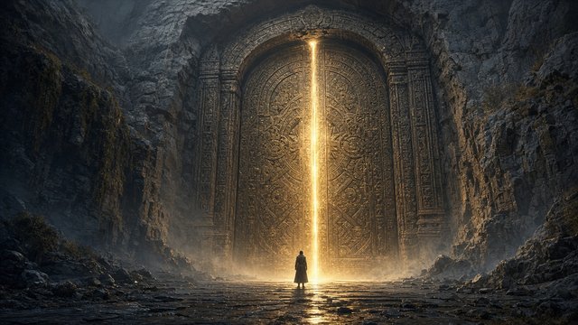 Tiny adult figure standing before an enormous ancient stone door glowing with light at its seams, cinematic epic scale, original AI cinematic wallpaper