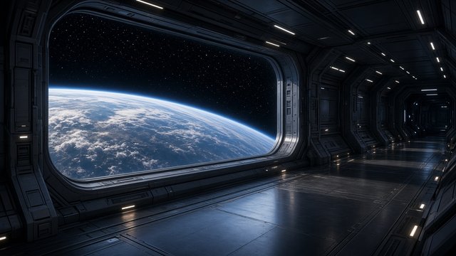 Inside a sleek sci-fi space station corridor with a giant window showing a planet, cinematic, original AI cinematic wallpaper