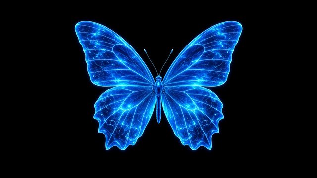 Single glowing electric blue butterfly on pure black background, original AI dark AMOLED wallpaper