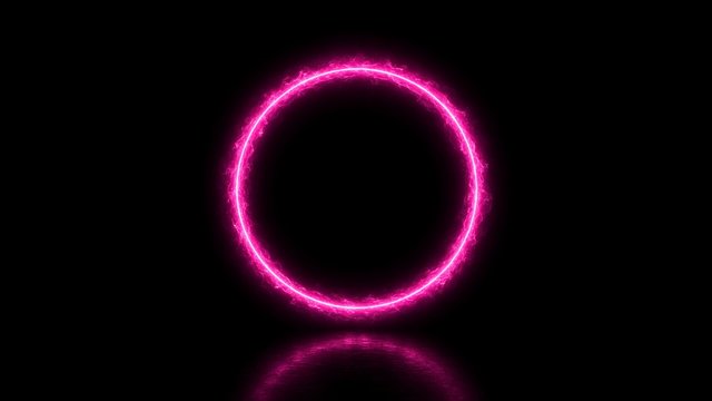 Single glowing hot pink neon circle ring on pure black background with faint reflection, original AI dark AMOLED wallpaper