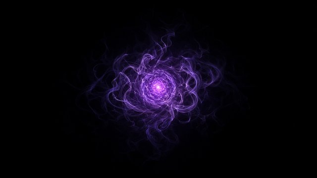 Small glowing violet energy orb with fine swirling smoke tendrils centered on a deep pure black background, original AI dark AMOLED wallpaper