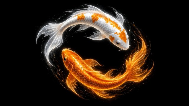 Two glowing white and orange koi fish swimming in a circle on pure black background, original AI dark AMOLED wallpaper