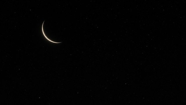 Thin glowing crescent moon on a pure black background, tiny faint stars, extreme minimal, original AI dark AMOLED wallpaper