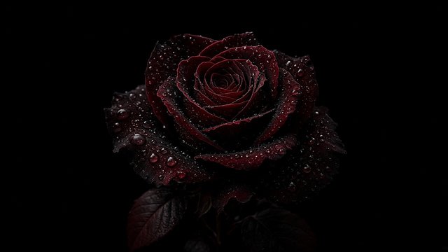 Dark velvet black-red rose with water droplets on a pure black background, low key photography, original AI dark AMOLED wallpaper