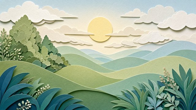 Layered paper-cut style rolling hills in pastel greens and blues with a soft sun, original AI device wallpaper