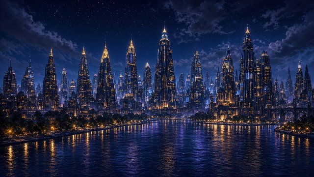 Wide panoramic fictional city skyline at night along a river, glowing lights, no signs, original AI device wallpaper