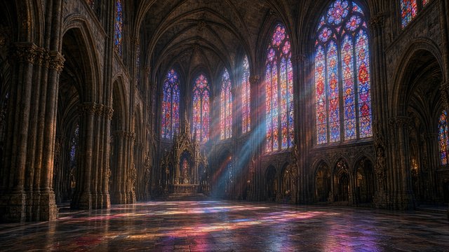 Grand stone cathedral interior with colorful light streaming through stained glass windows, no people, original AI spiritual wallpaper