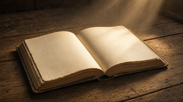 Old open book with blank pages resting on a wooden table in a beam of warm window light, dust motes, original AI spiritual wallpaper