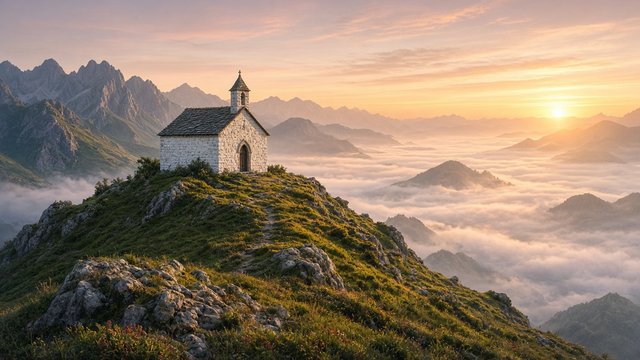 Small white stone chapel on a green alpine ridge bathed in warm sunrise light with mist in the valley below, original AI spiritual wallpaper