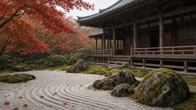 Raked gravel zen garden with mossy stones beside a quiet wooden temple, maple leaves, original AI spiritual wallpaper