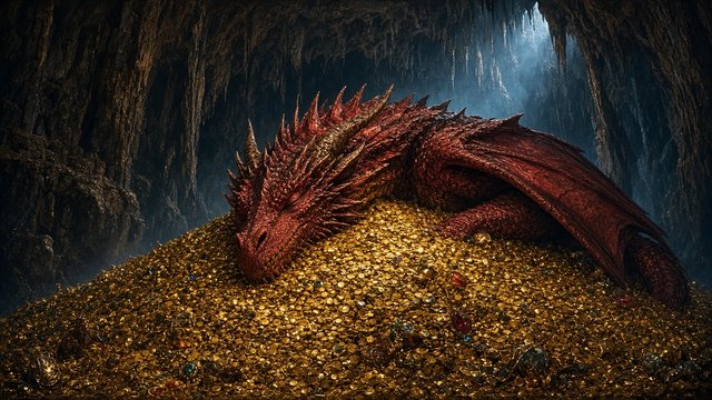 Enormous ancient red dragon sleeping on a mountain of gold coins in a vast cavern, original AI fantasy wallpaper