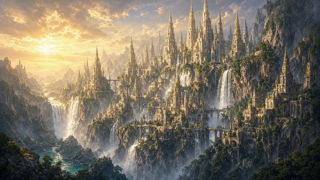 Elegant fantasy city with spires built into a cliff valley full of waterfalls, golden light, original AI fantasy wallpaper