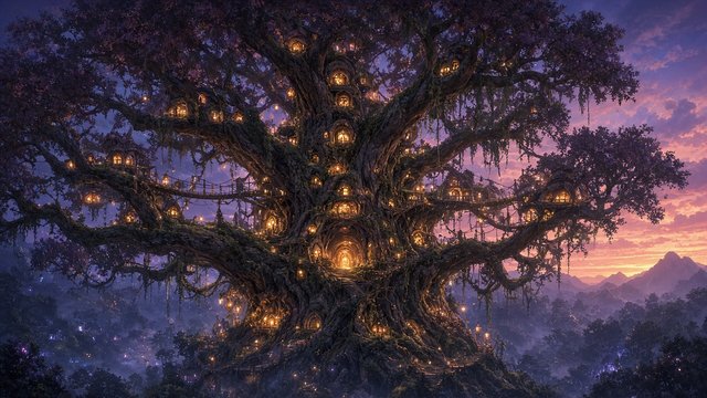 Colossal ancient tree with glowing homes and bridges built into its branches at twilight, original AI fantasy wallpaper
