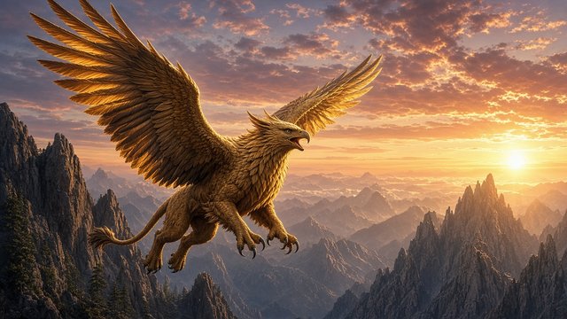 Majestic griffin with golden wings soaring over jagged mountain cliffs at sunrise, original AI fantasy wallpaper