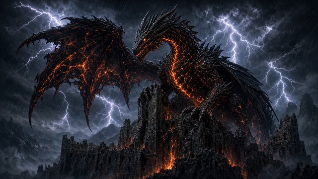 Colossal obsidian dragon with glowing ember cracks perched on a ruined castle in a lightning storm, original AI fantasy wallpaper