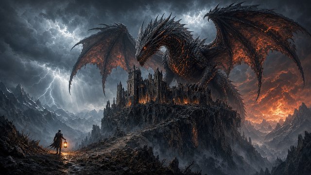 A huge dark dragon with spread wings over a ruined clifftop castle in a lightning storm, a lone knight with a lantern below