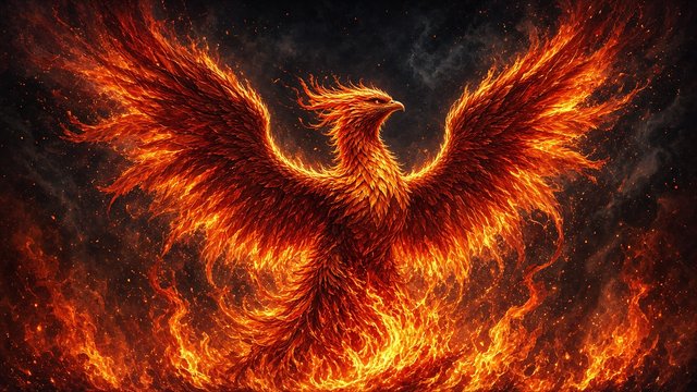 Majestic phoenix with fiery wings rising from flames against a dark sky, embers, original AI fantasy wallpaper