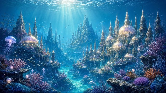 Glowing underwater kingdom of coral spires and pearl domes with shafts of light from above, original AI fantasy wallpaper