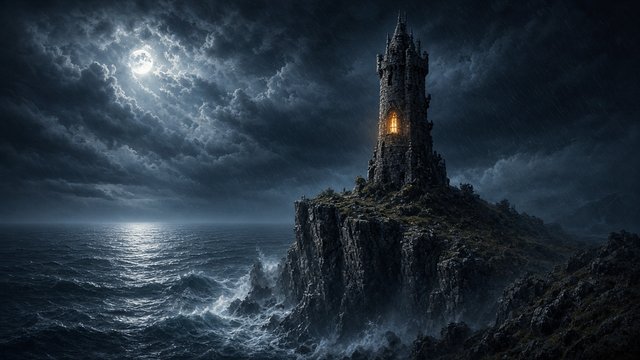 Lone wizard tower on a sea cliff with a glowing window, stormy sky and moonlight, original AI fantasy wallpaper
