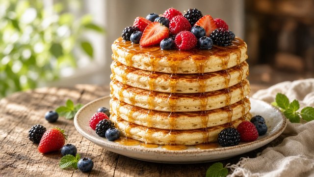 Tall stack of fluffy pancakes topped with fresh berries and syrup drip on a rustic table in soft morning light, original AI food wallpaper