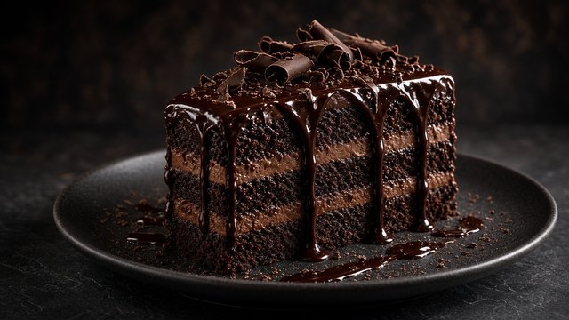 Slice of rich layered chocolate cake with glossy ganache drip on a dark plate, original AI food wallpaper