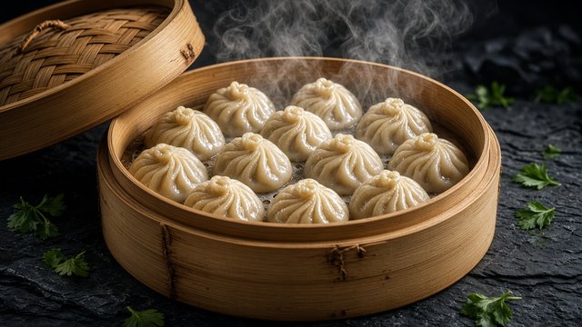 Open bamboo steamer full of plump dumplings with rising steam on dark slate, original AI food wallpaper